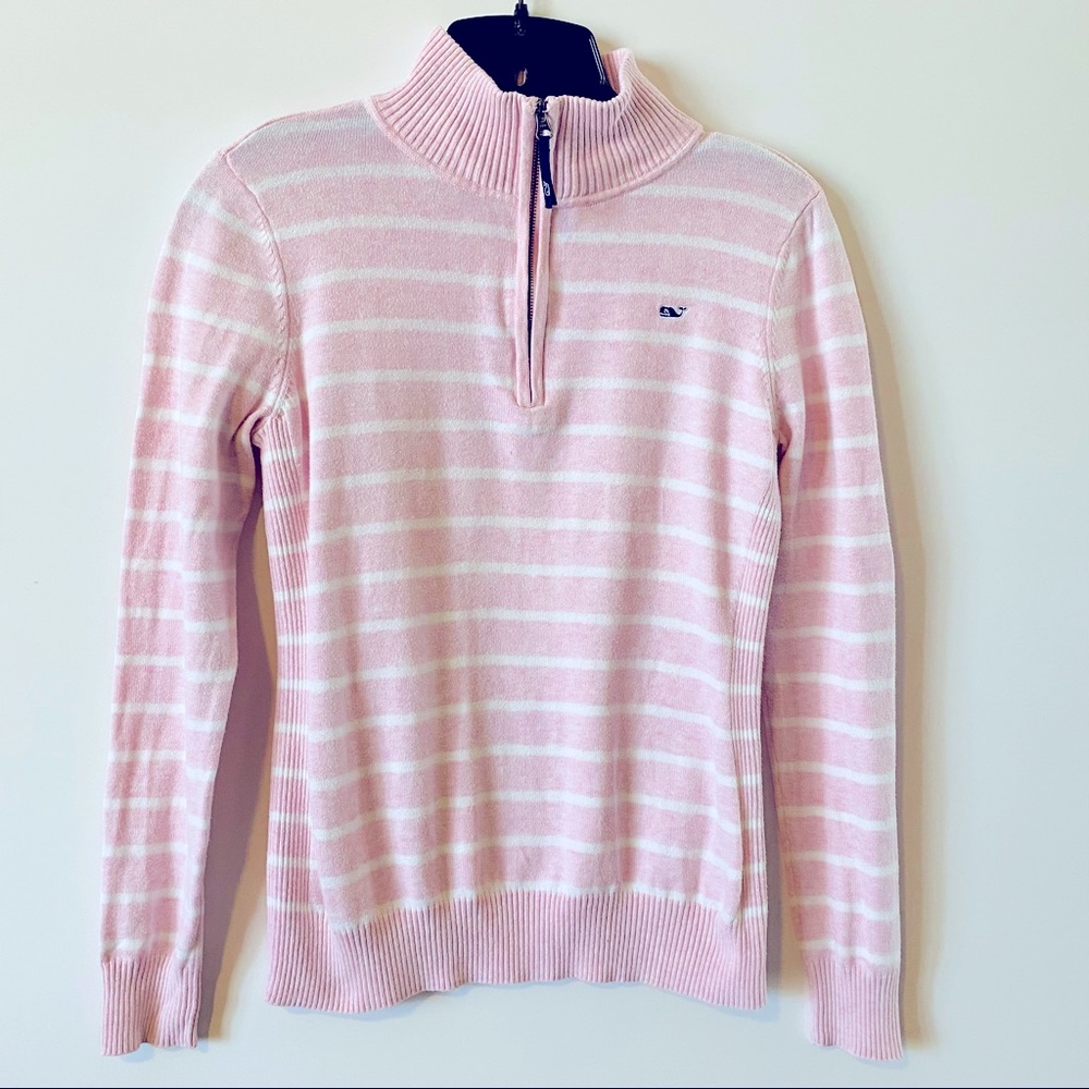 Vineyard Vines Zip Mock Neck Striped Cotton Sweater Pullover Pink and White XS